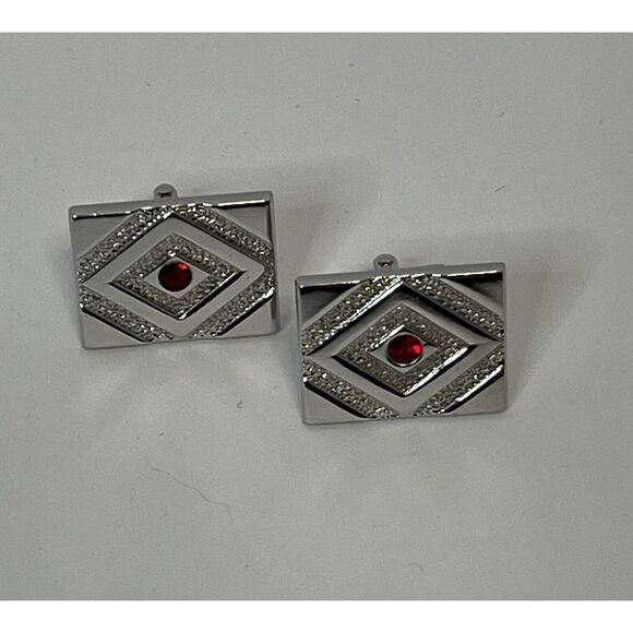 Swank Silver Tone Rectangular Cufflinks with Red Stone Diamond Pattern - Picture 1 of 9